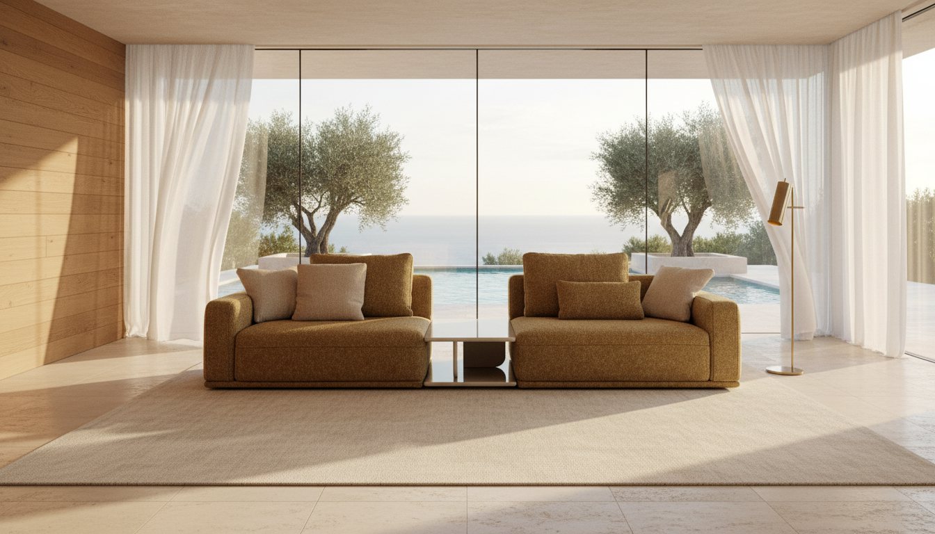 The Anka modular sofa in a modern living room overlooking a pool
